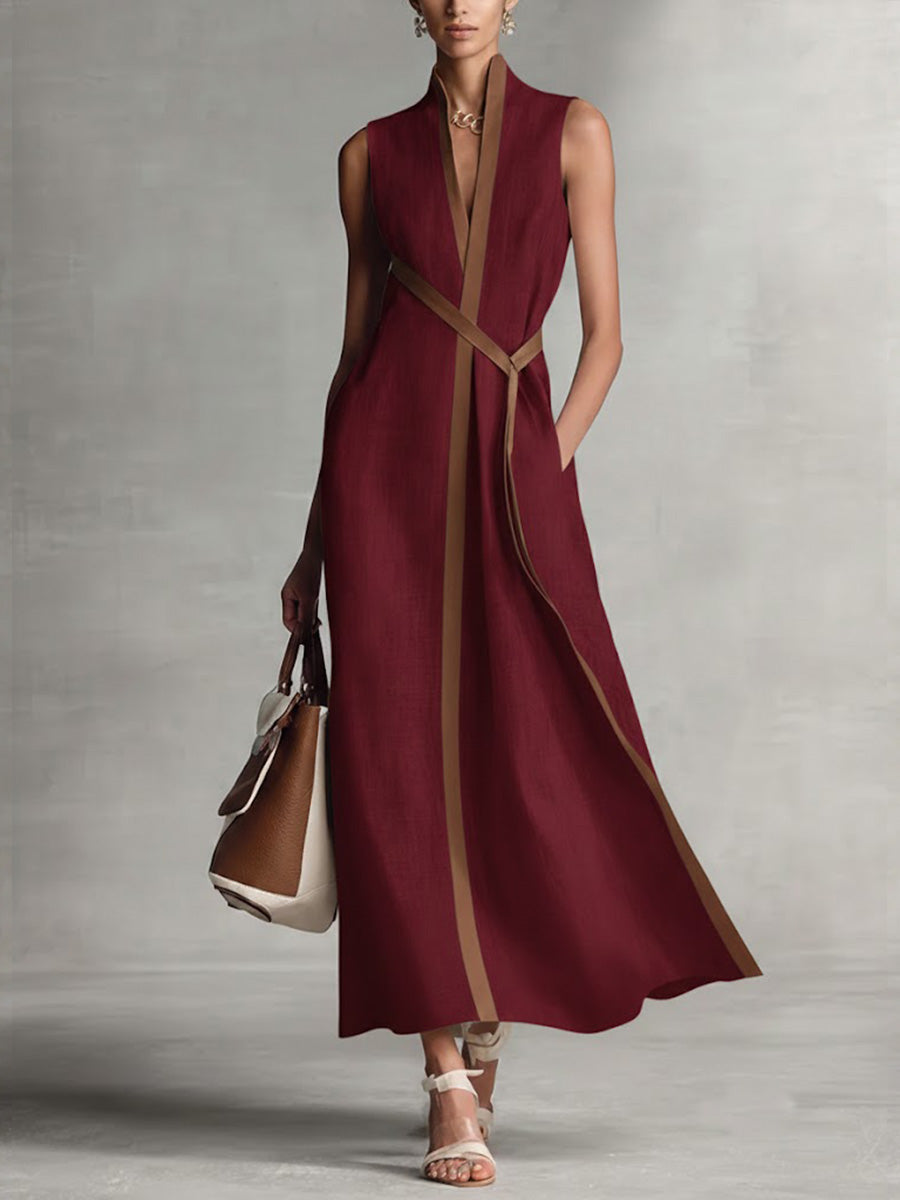 Meridian Contrast-Trim Linen Maxi Gown