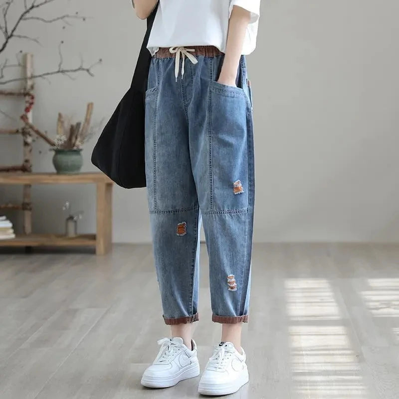 Contrast Denim Harem Pant