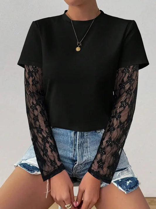 Velours Lace-Sleeve Top