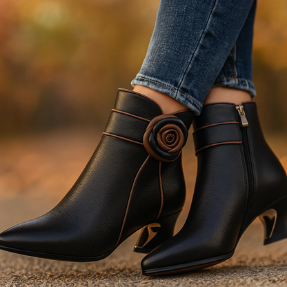 Rosette Leather Ankle Boots