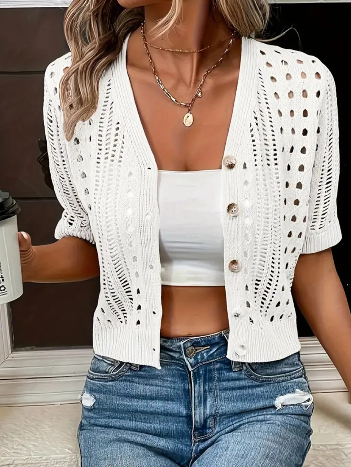 Open-Weave Cropped Knit Cardigan