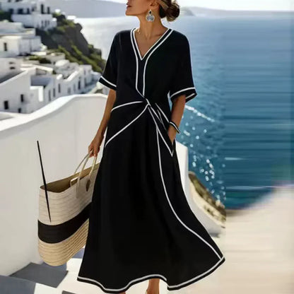 Coastal Contrast-Trim Wrap Dress