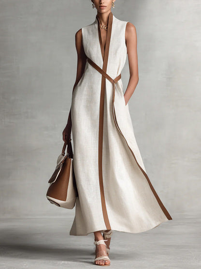 Meridian Contrast-Trim Linen Maxi Gown