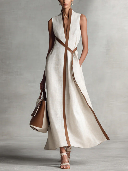 Meridian Contrast-Trim Linen Maxi Gown