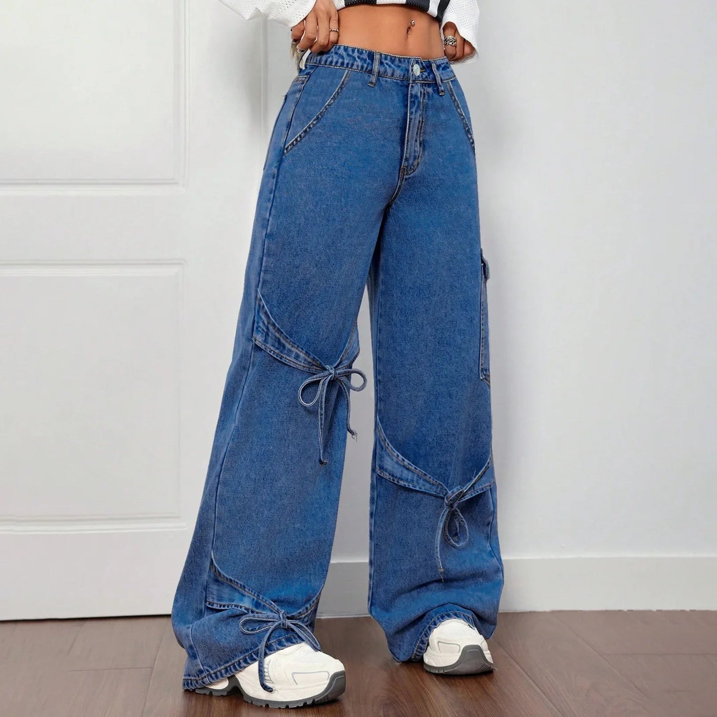 Oversized Tie-Pocket Wide Leg Jeans