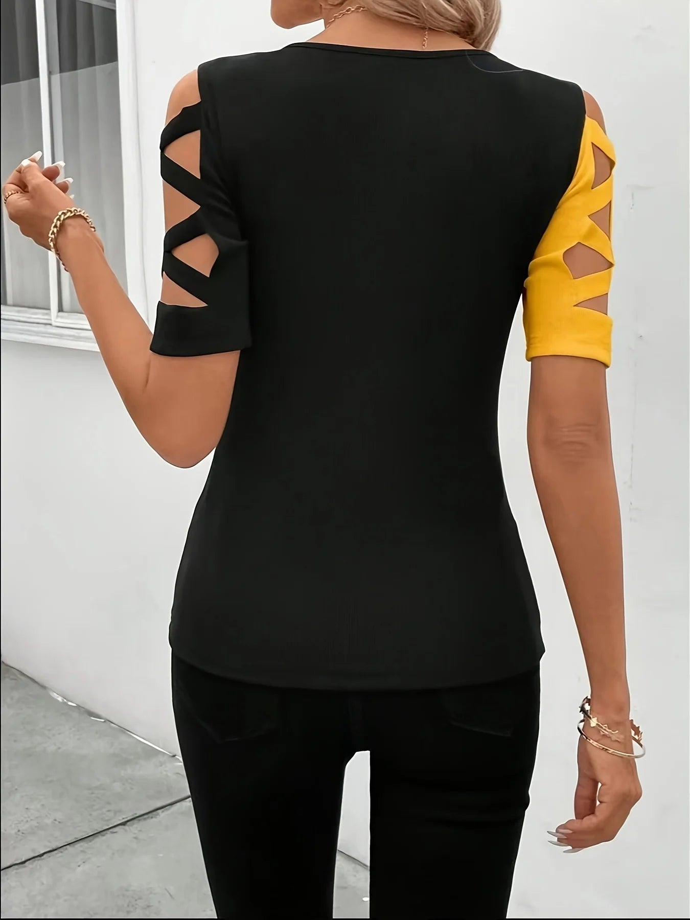 Diagonal Colorblock Cutout Top