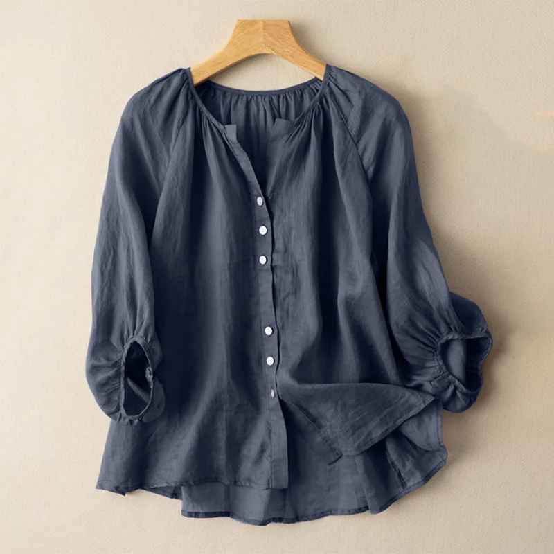 Douce Gathered-Neck Linen Button Blouse