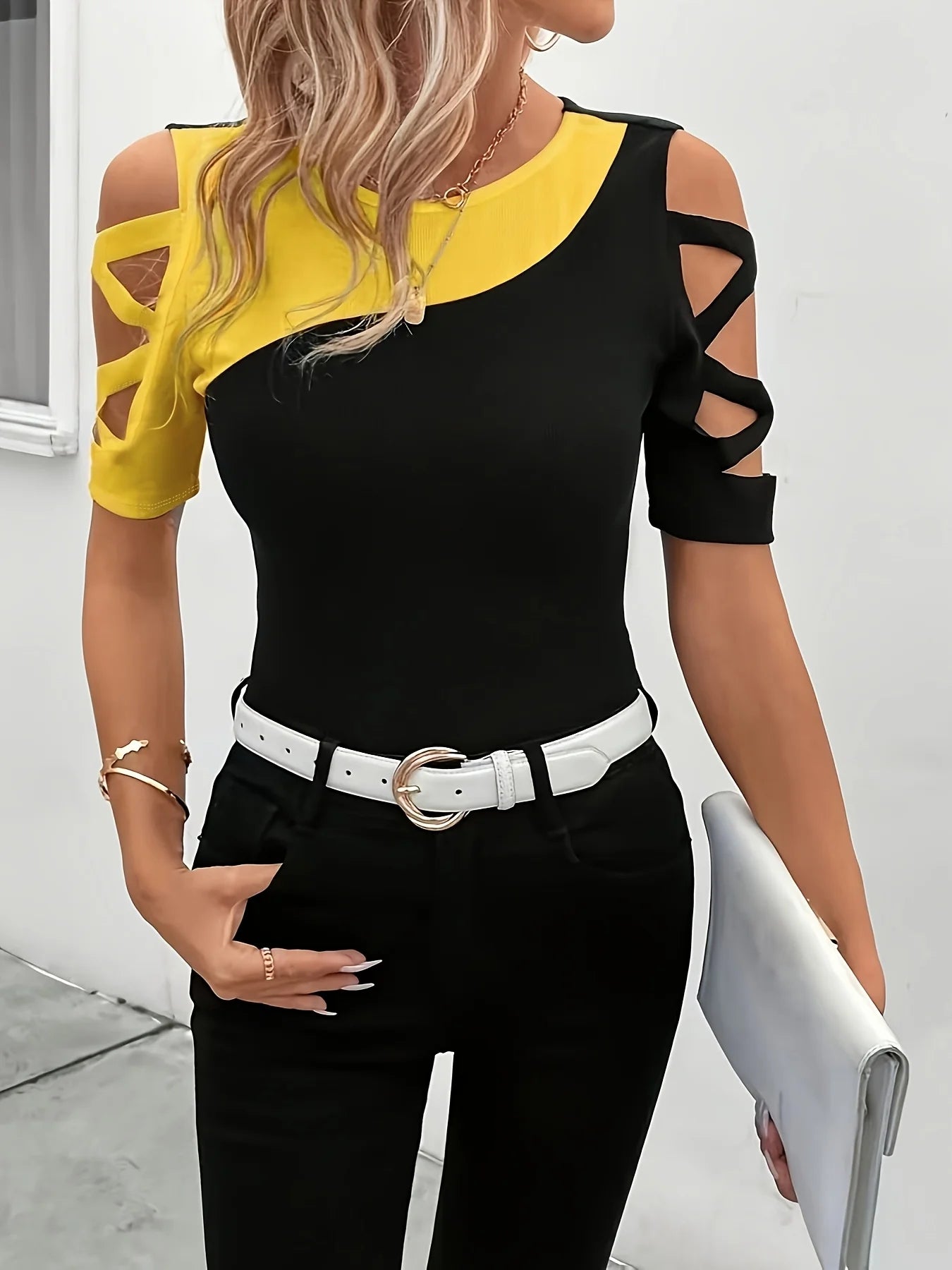 Diagonal Colorblock Cutout Top