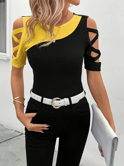 Diagonal Colorblock Cutout Top