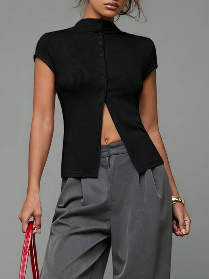 Ribbed Mock-Neck Cardigan