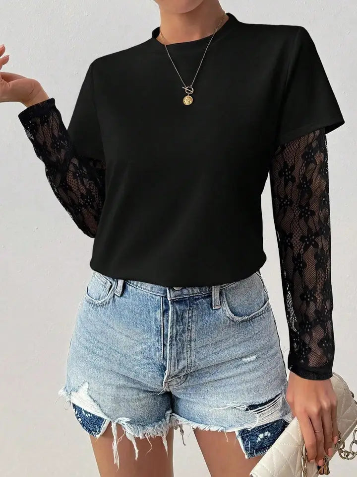 Velours Lace-Sleeve Top