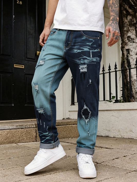 Shadow-Burn Two-Tone Ripped Denim