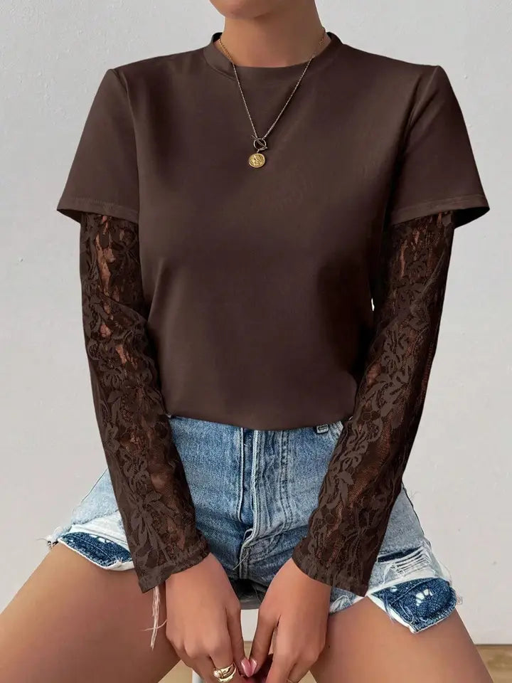 Velours Lace-Sleeve Top