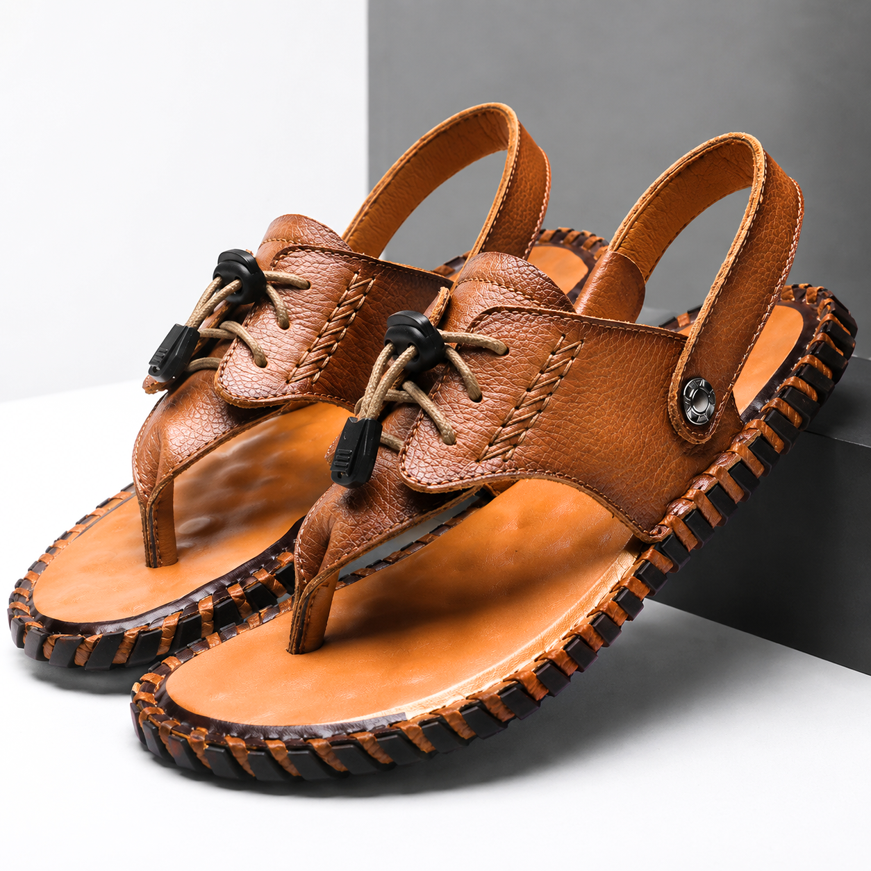 Cognac Thong Leather Sandal