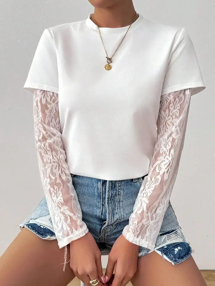 Velours Lace-Sleeve Top