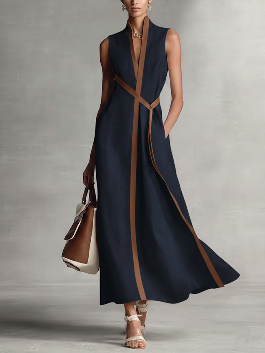 Meridian Contrast-Trim Linen Maxi Gown
