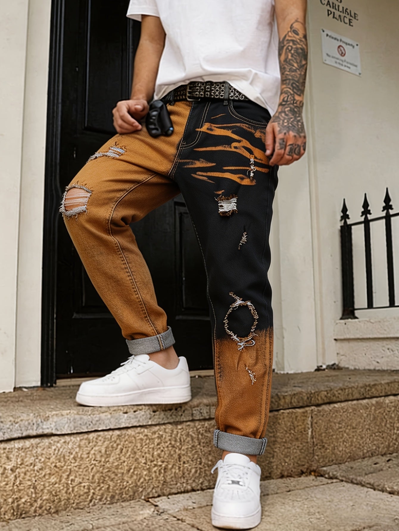 Shadow-Burn Two-Tone Ripped Denim
