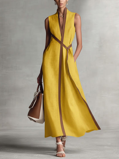 Meridian Contrast-Trim Linen Maxi Gown