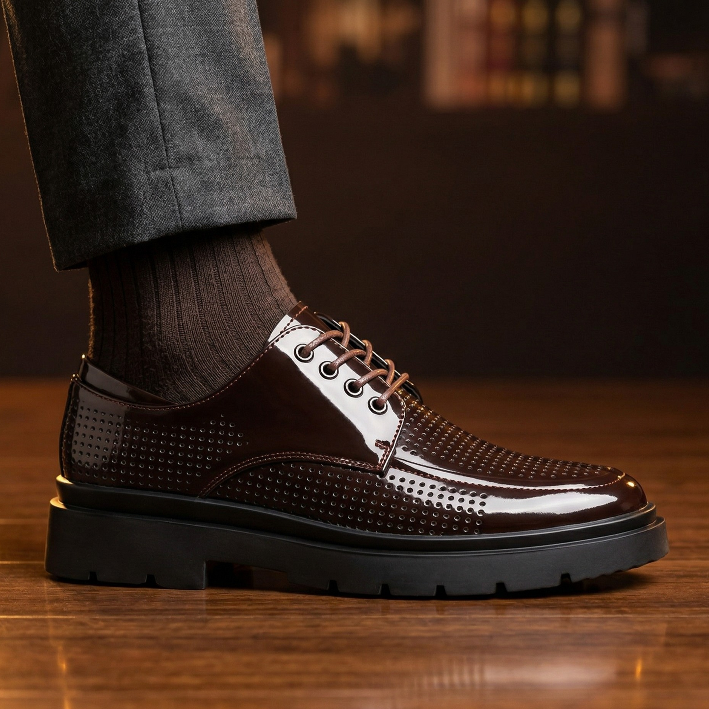 Bordeaux Patent Perforated Lug-Sole Derby