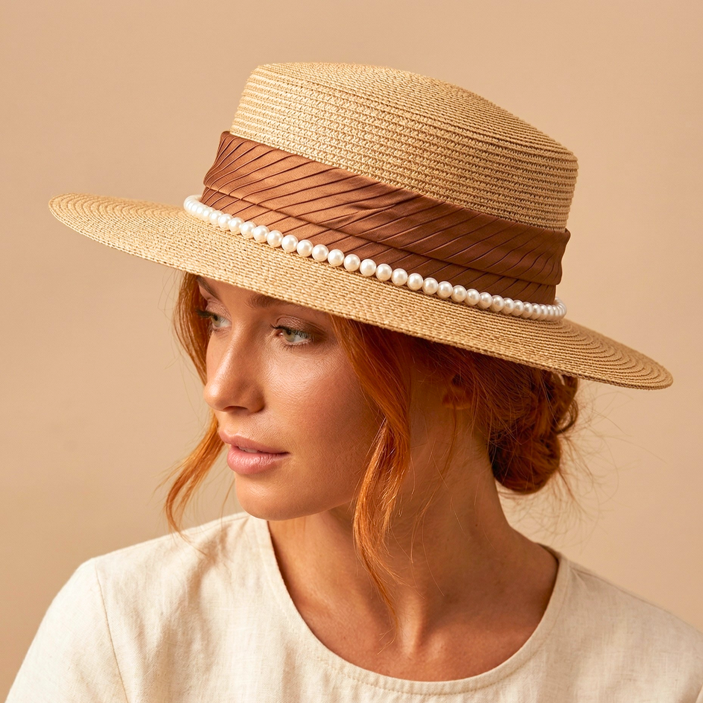 Pearl-Band Woven Boater Hat