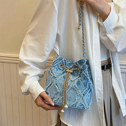 Distressed Quilted Denim Bucket Bag