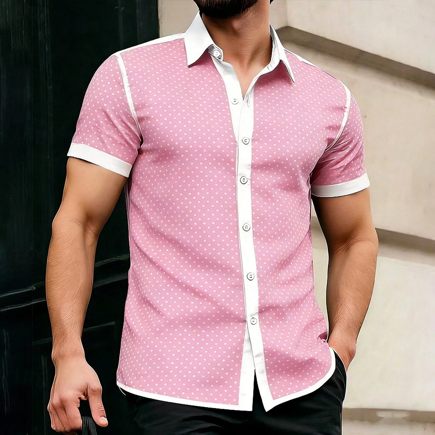 Piqué Dot Contrast-Trim Short Sleeve