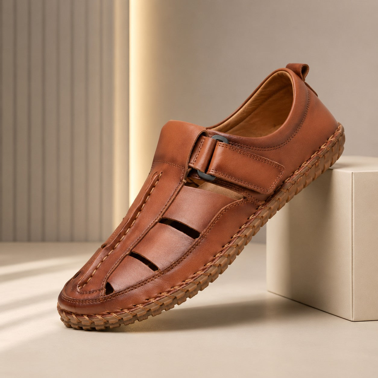 Cognac Woven Leather Sandals