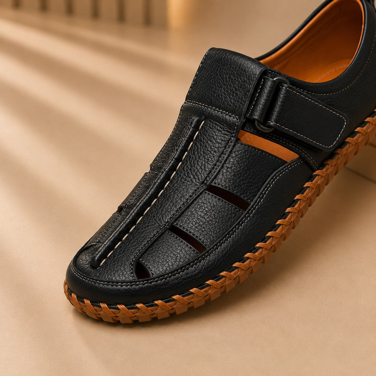 Cognac Woven Leather Sandals