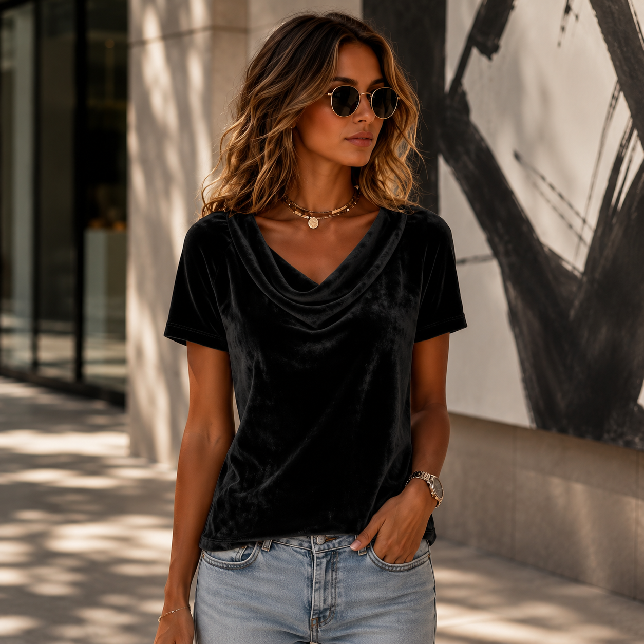 Parisienne Drapé Velour Blouse