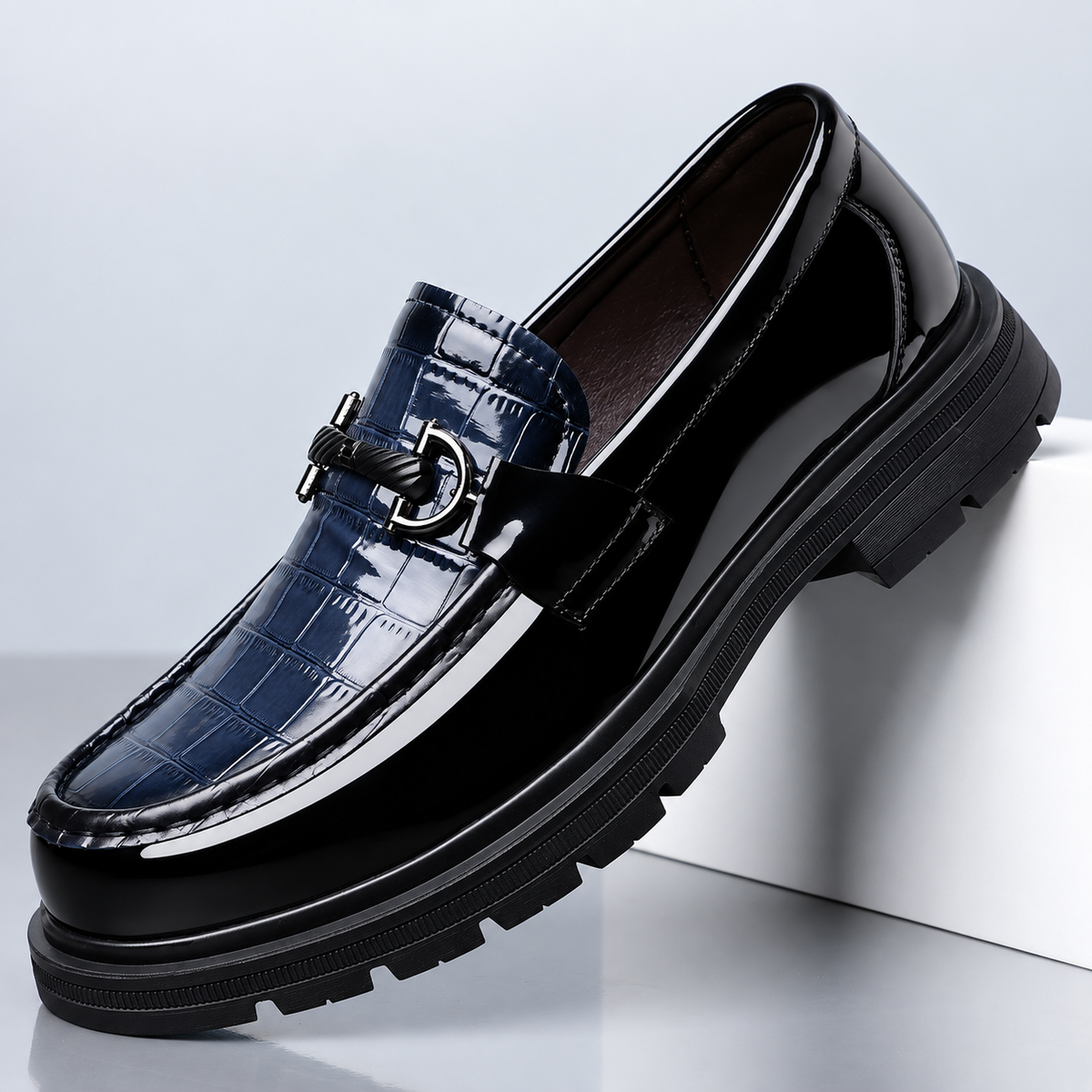 Ebony Croc Leather Bit Loafers