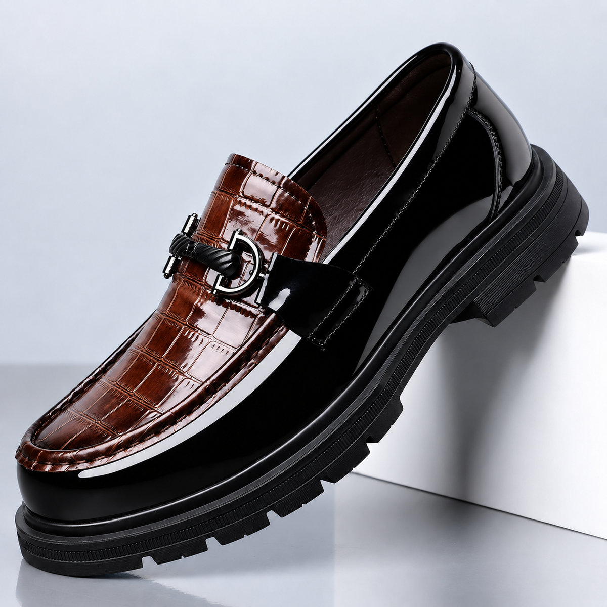 Ebony Croc Leather Bit Loafers