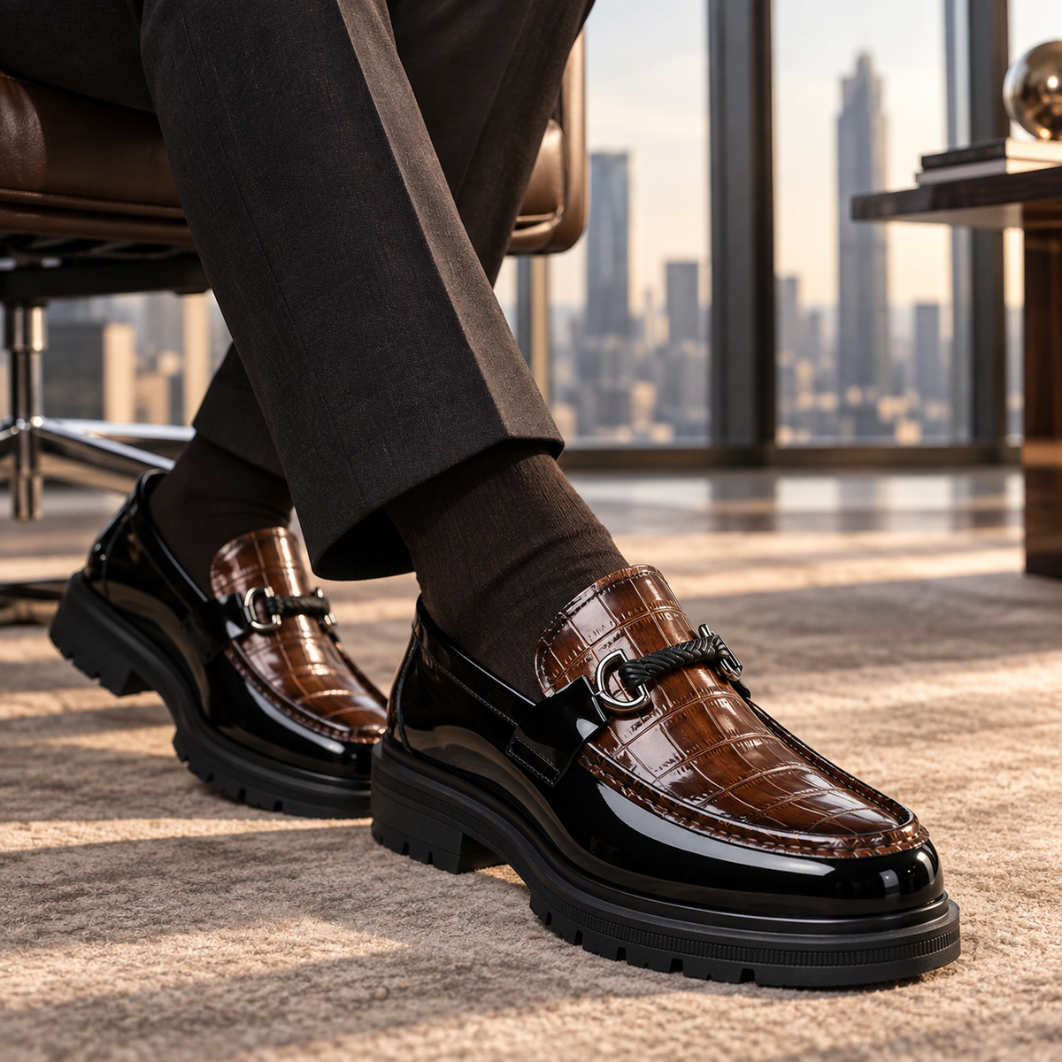 Ebony Croc Leather Bit Loafers
