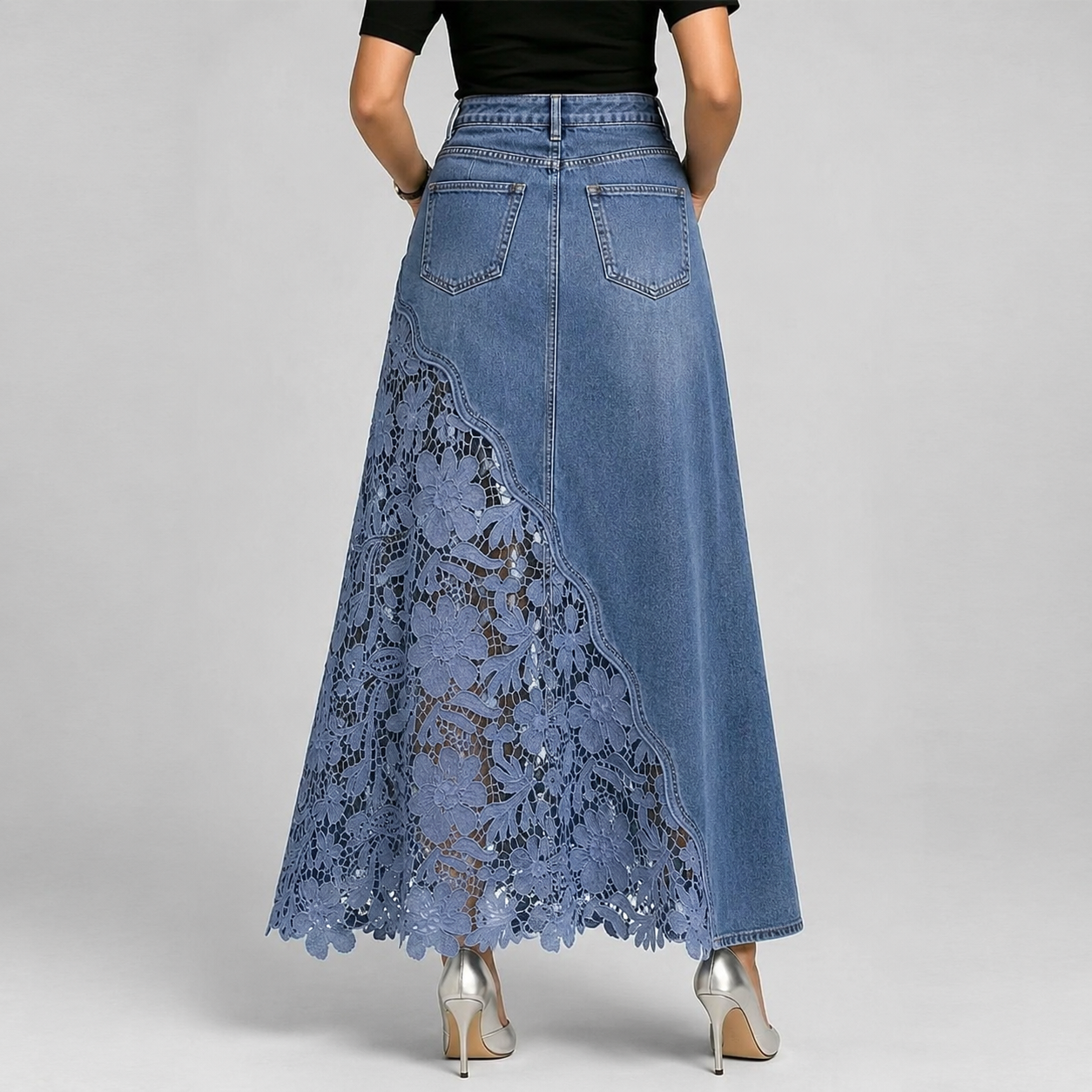 Adaline Lace-Hem Denim Maxi
