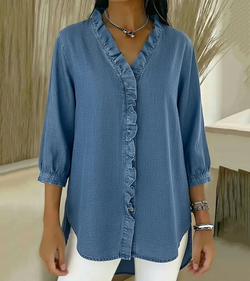 Chambray Ruffle-Trim Denim Tunic