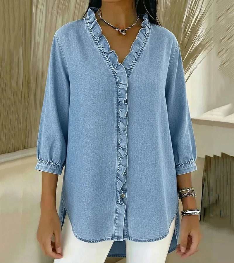 Chambray Ruffle-Trim Denim Tunic