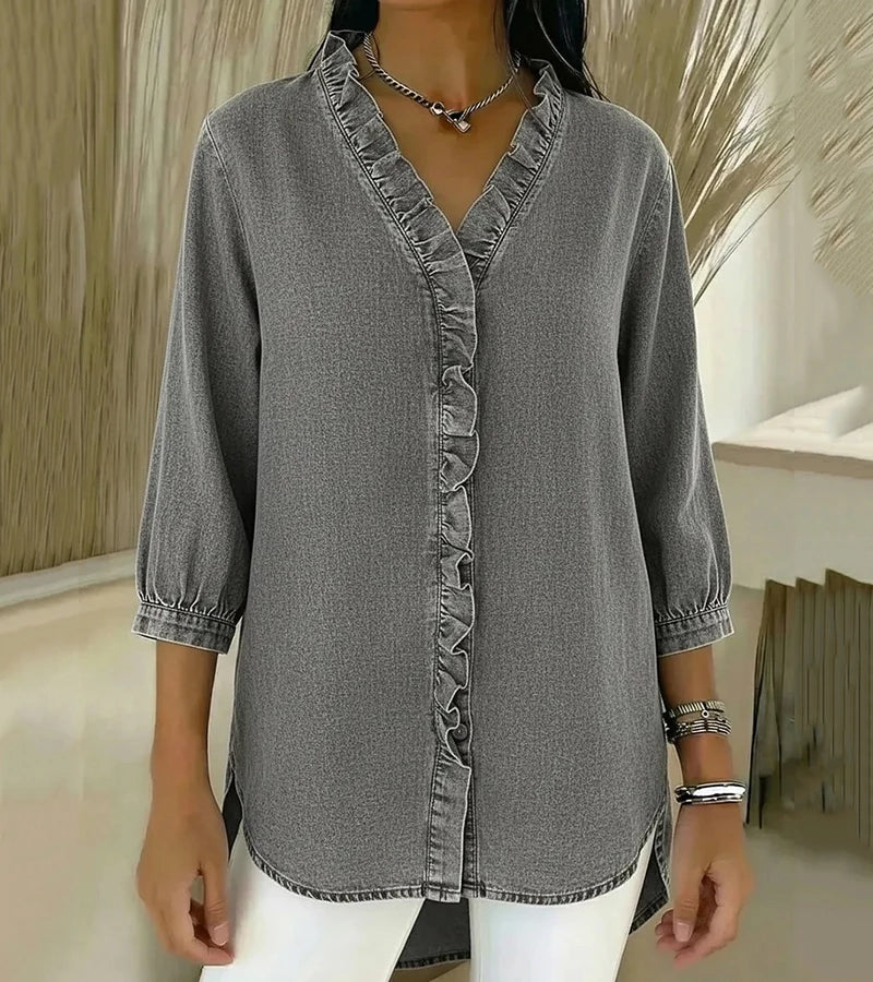 Chambray Ruffle-Trim Denim Tunic