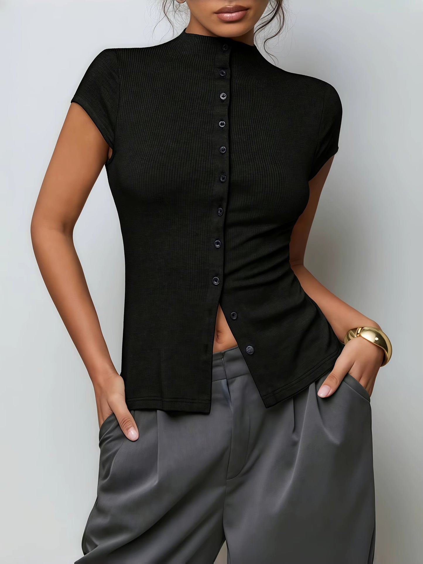 Ribbed Mock-Neck Cardigan