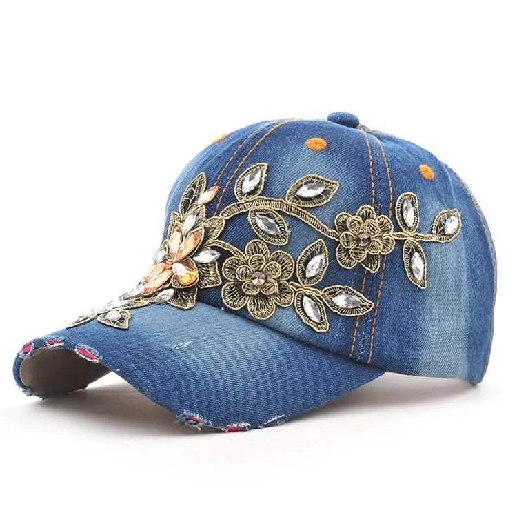 Gilded Blossom Crystal-Set Denim Cap