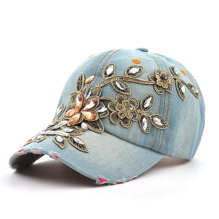 Gilded Blossom Crystal-Set Denim Cap