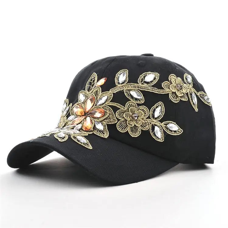 Gilded Blossom Crystal-Set Denim Cap