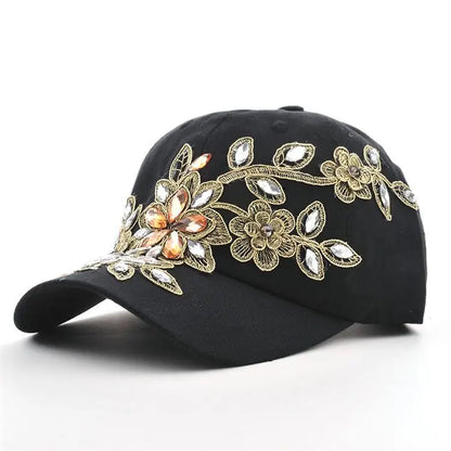 Gilded Blossom Crystal-Set Denim Cap
