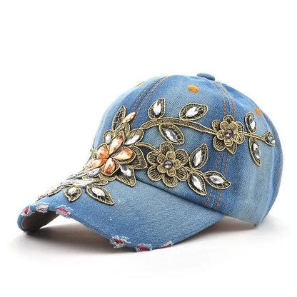 Gilded Blossom Crystal-Set Denim Cap