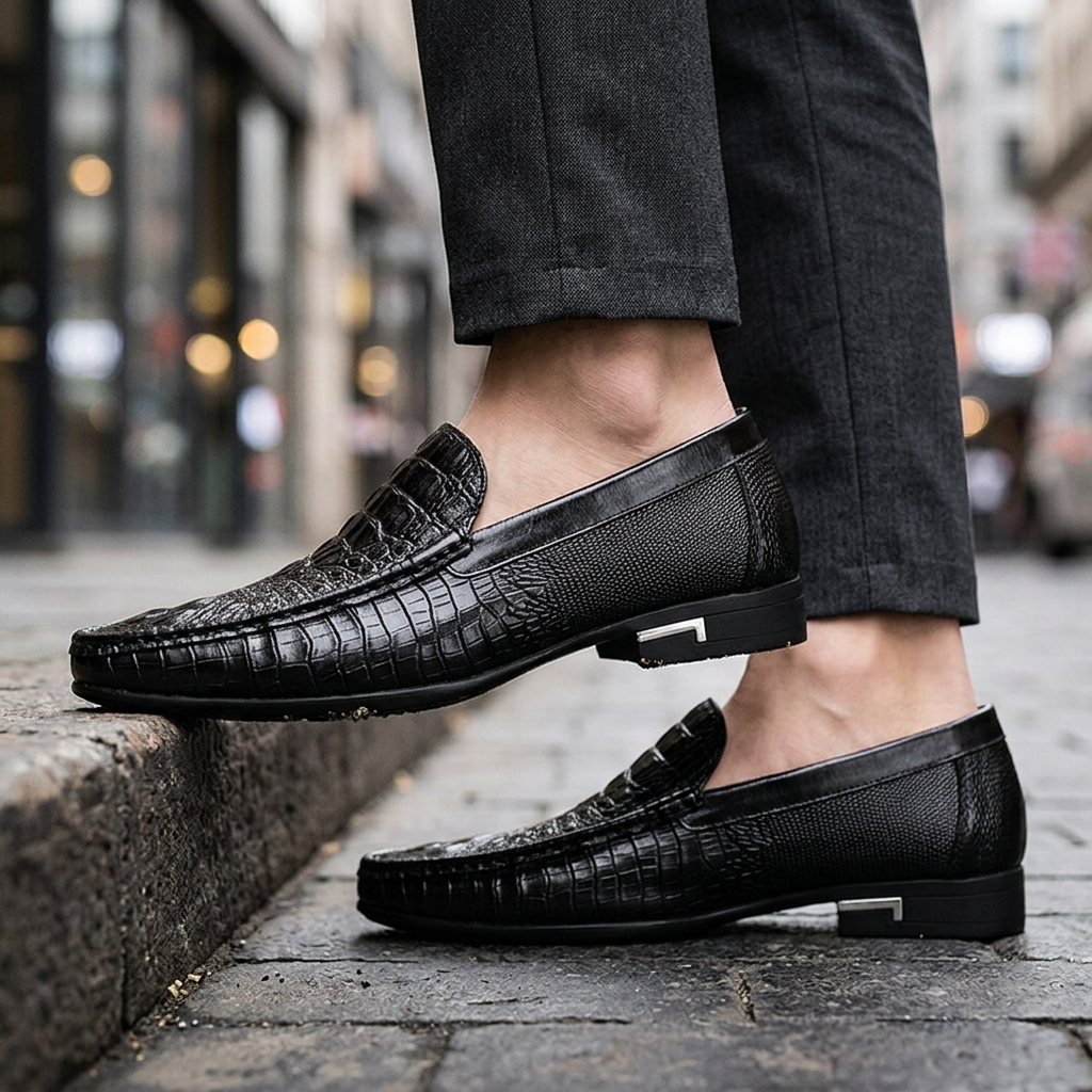 Umber Leather Croc Loafers