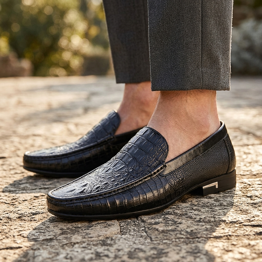 Umber Leather Croc Loafers