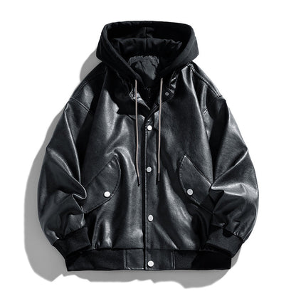 Layered Hooded Leather Flight Jacket