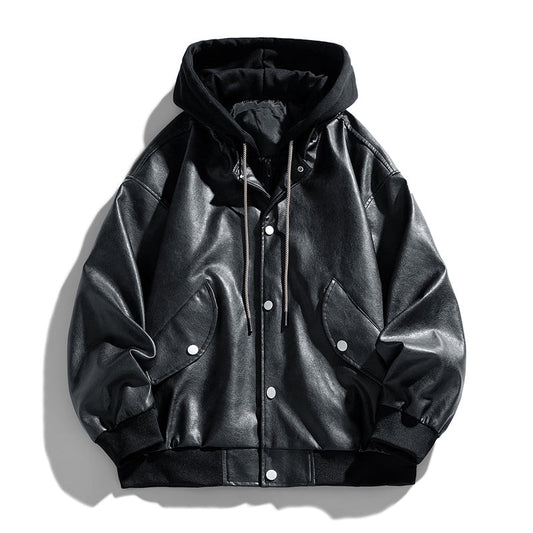 Layered Hooded Leather Flight Jacket