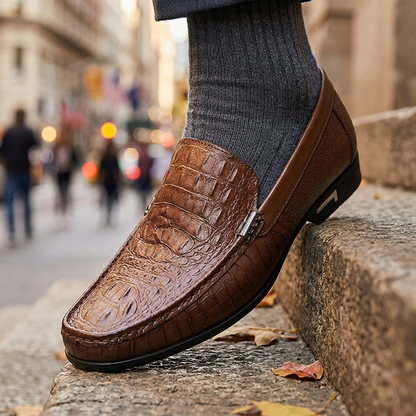 Umber Leather Croc Loafers