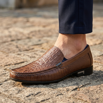 Umber Leather Croc Loafers