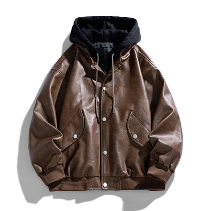 Layered Hooded Leather Flight Jacket
