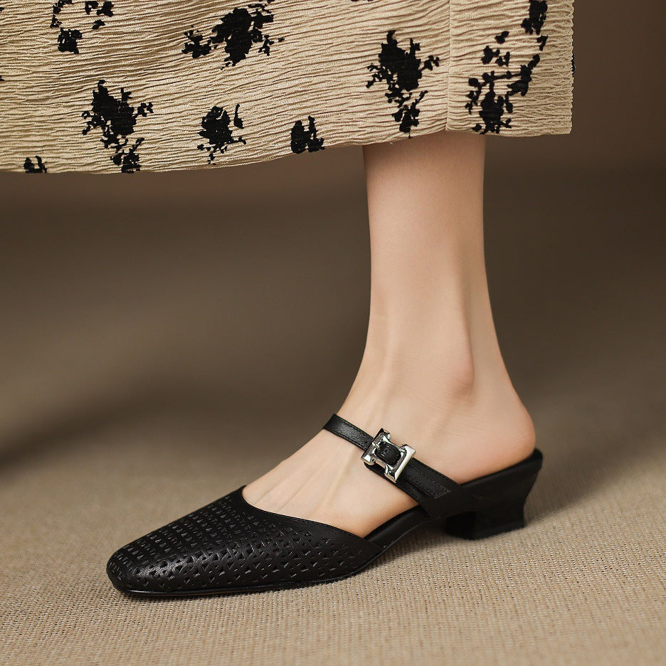 Alabaster Genuine Leather Woven-Vamp Slingback